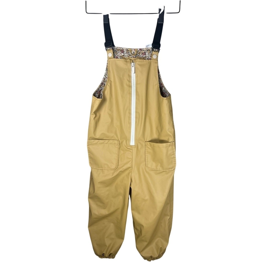 ZARA Kids Rubberized Rain Bib Overalls Pants Mustard Yellow Floral Lined 4-5T